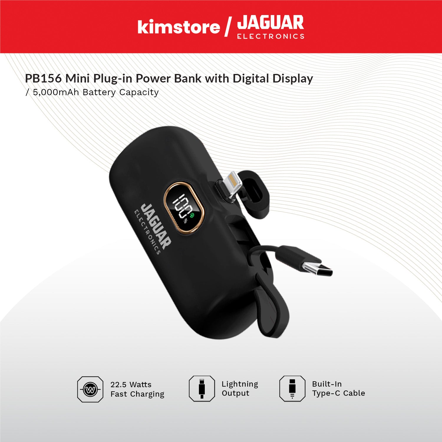jaguar electronics pb156 5000mah 22.5w fast charging mini plug in power bank lightning black