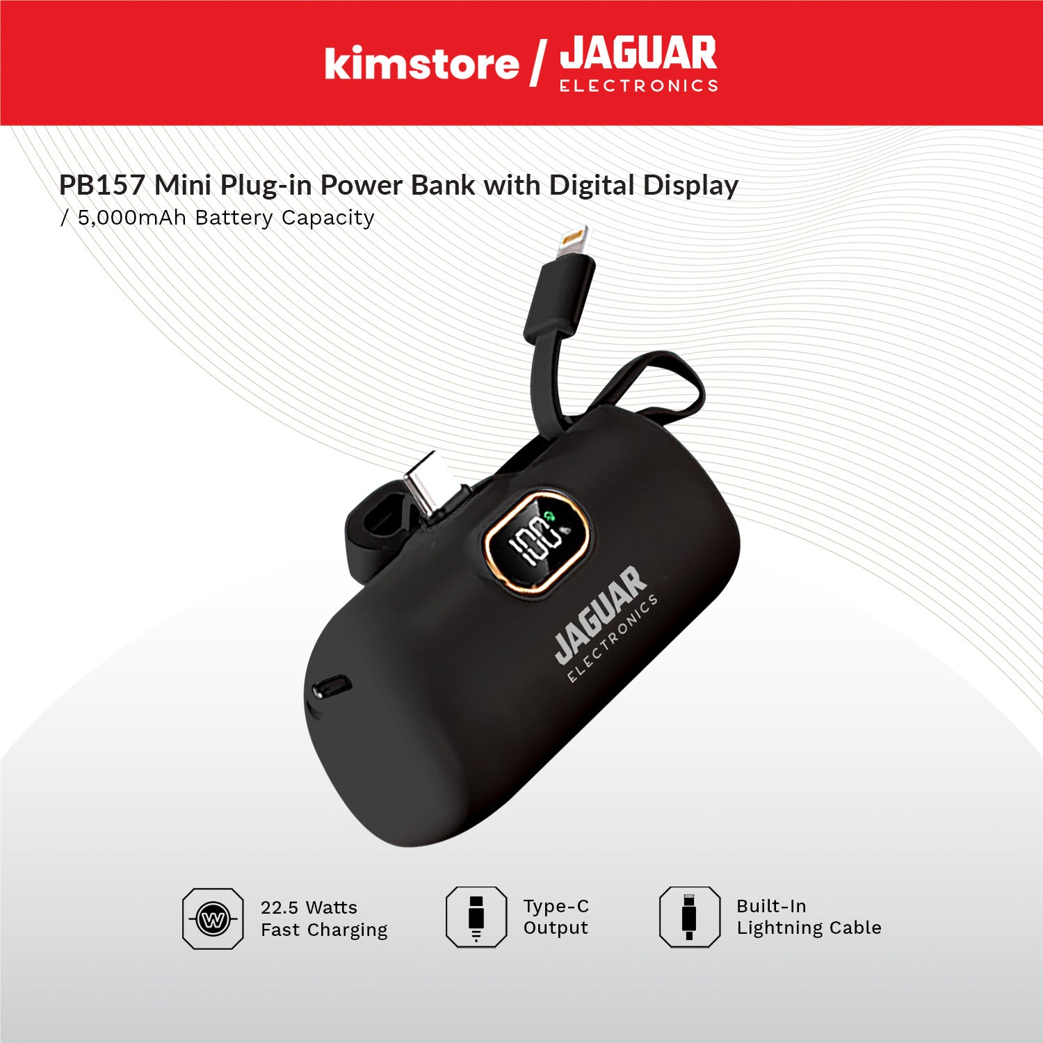 jaguar electronics pb157 5000mah 22.5w fast charging mini plug in power bank type c black