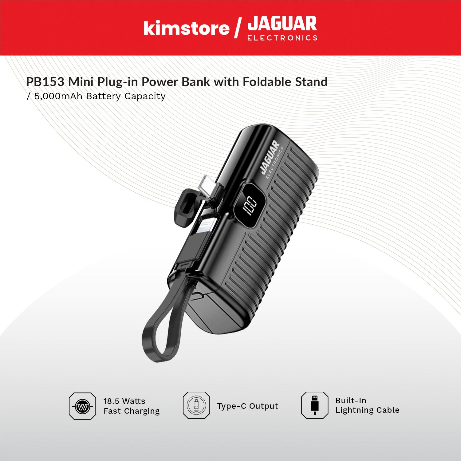 jaguar electronics pb153 mini plug in power bank with digital display 5000mah type c black