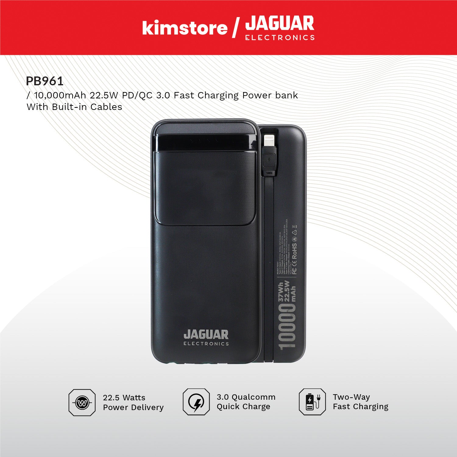 jaguar electronics pb961 10000mah 22.5w pd/qc 3.0 fast charging power bank with built in cables black
