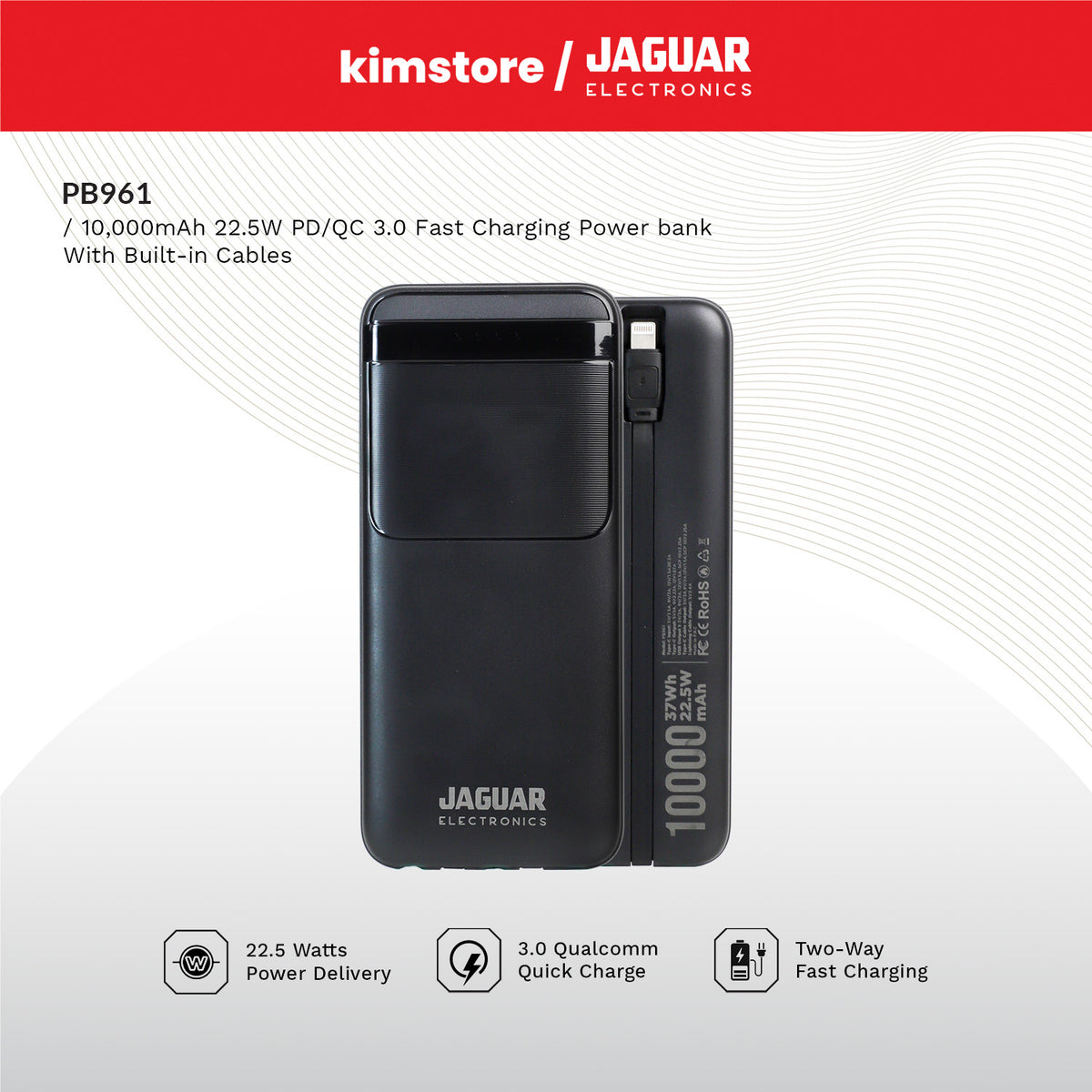 Jaguar Electronics PB961 10000mAh 22.5W PD/QC 3.0 Fast Charging Power bank With Built-in Cables