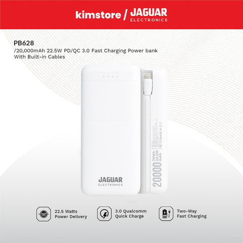 Jaguar Electronics PB628 20000mAh 22.5W PD/QC 3.0 Fast Charging Power bank With Built-in Cables