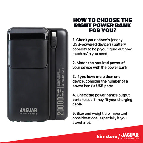 Jaguar Electronics PB628 20000mAh 22.5W PD/QC 3.0 Fast Charging Power bank With Built-in Cables