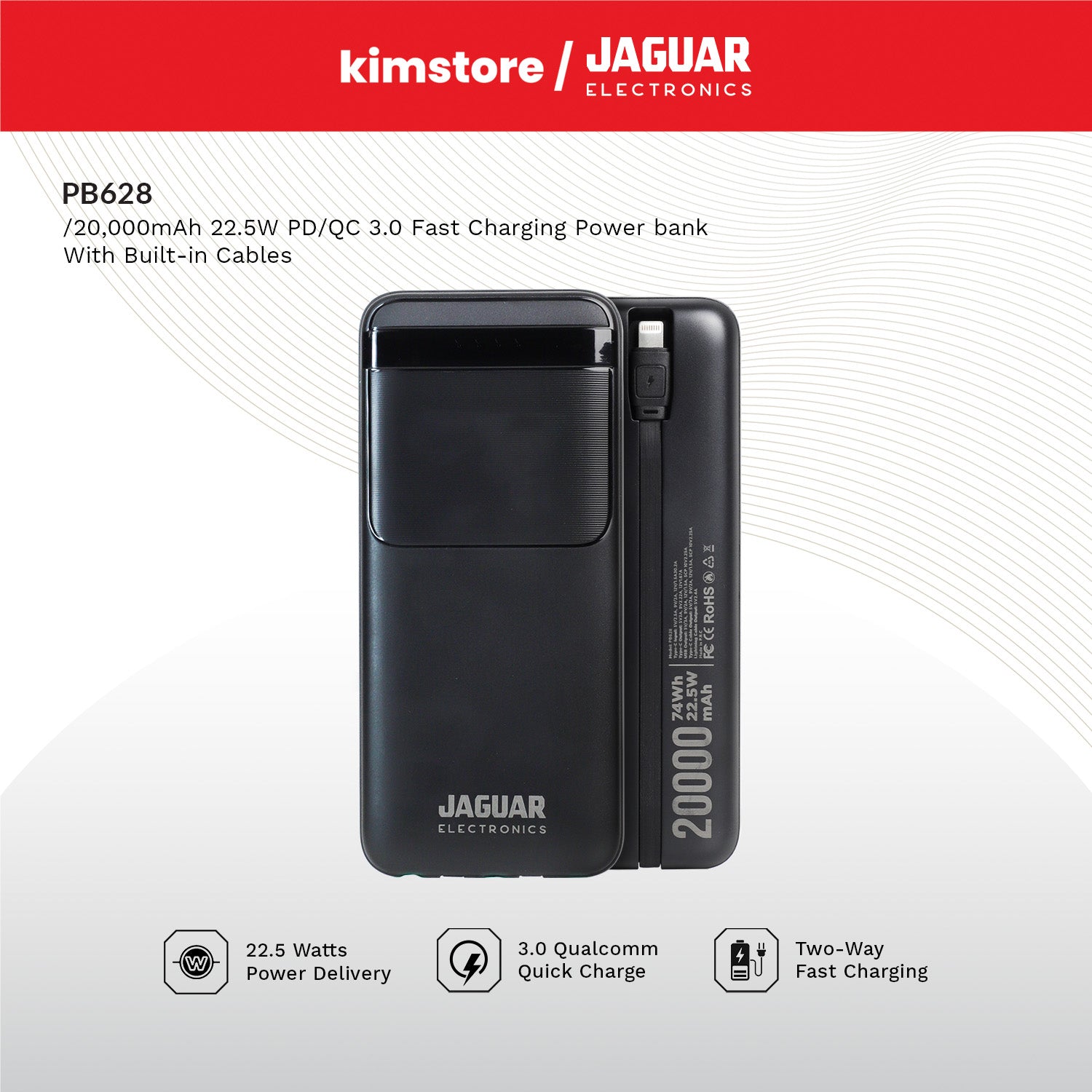 jaguar electronics pb628 20000mah 22.5w pd/qc 3.0 fast charging power bank with built in cables black