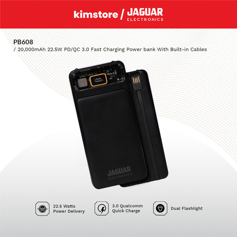 Jaguar Electronics PB608 20000mAh 22.5W PD/QC 3.0 Fast Charging Power Bank With Built-in Cables