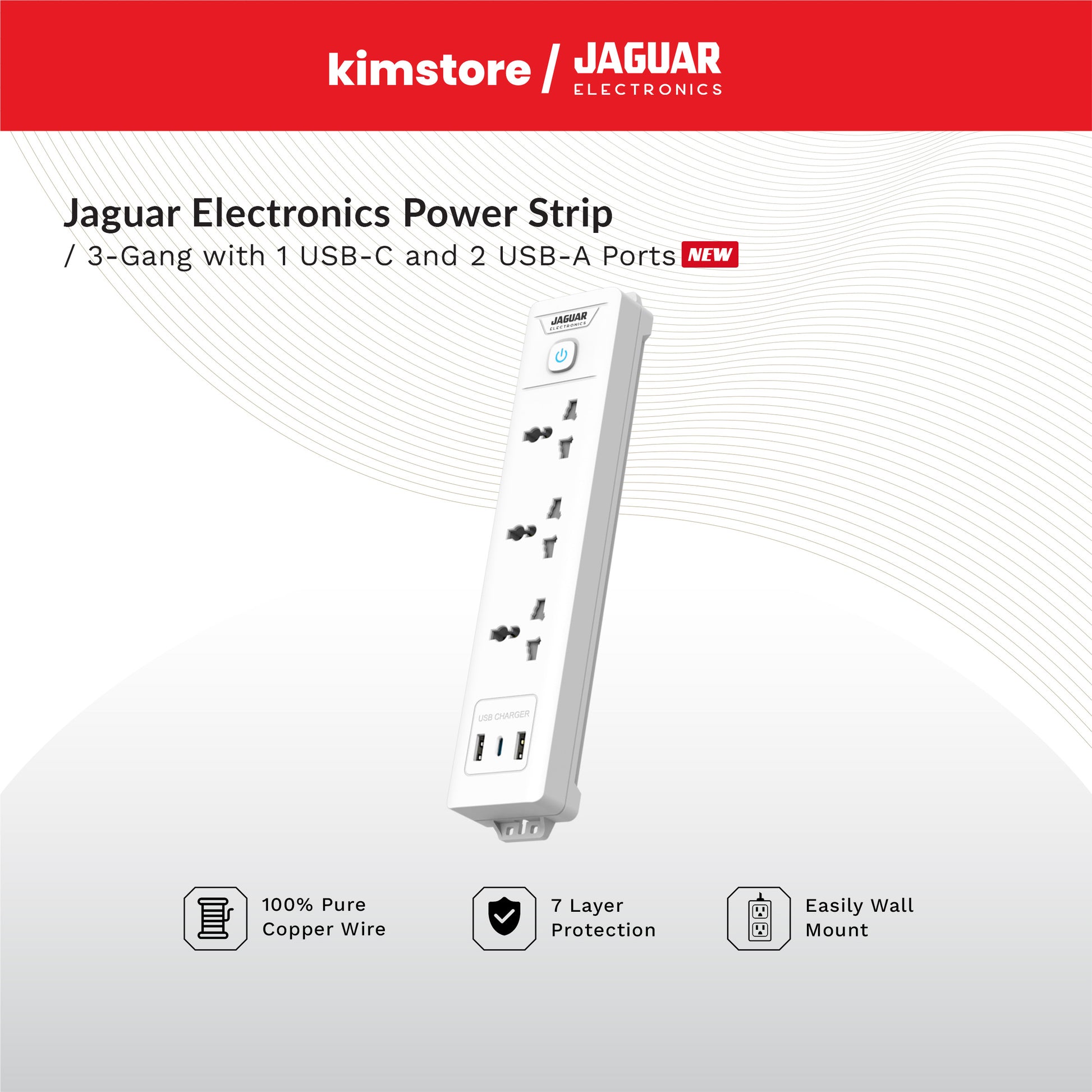 jaguar electronics ps 312gca power strip 3 gang with 1 usb c and 2 usb a ports   white