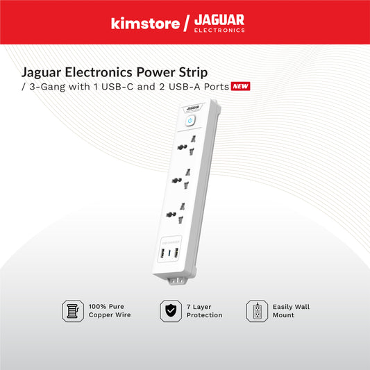 Jaguar Electronics PS-312GCA Power Strip 3-Gang with 1 USB-C and 2 USB-A Ports