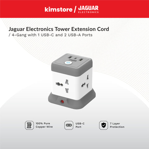 Jaguar Electronics TE-412GCA Tower Extension Cord 4-Gang with 1 USB-C and 2 USB-A Ports
