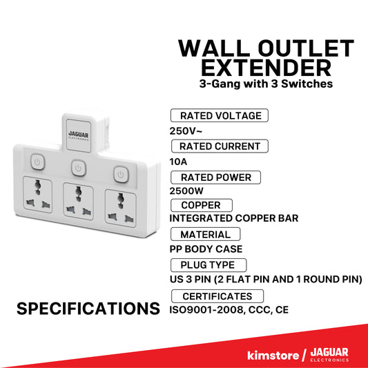 Jaguar Electronics WE-33GS Wall Outlet Extender 3-Gang with 3 Switches