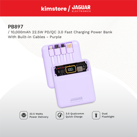 Jaguar Electronics PB897 10000mAh 22.5W PD/QC 3.0 Fast Charging Power Bank With Built-in Cables