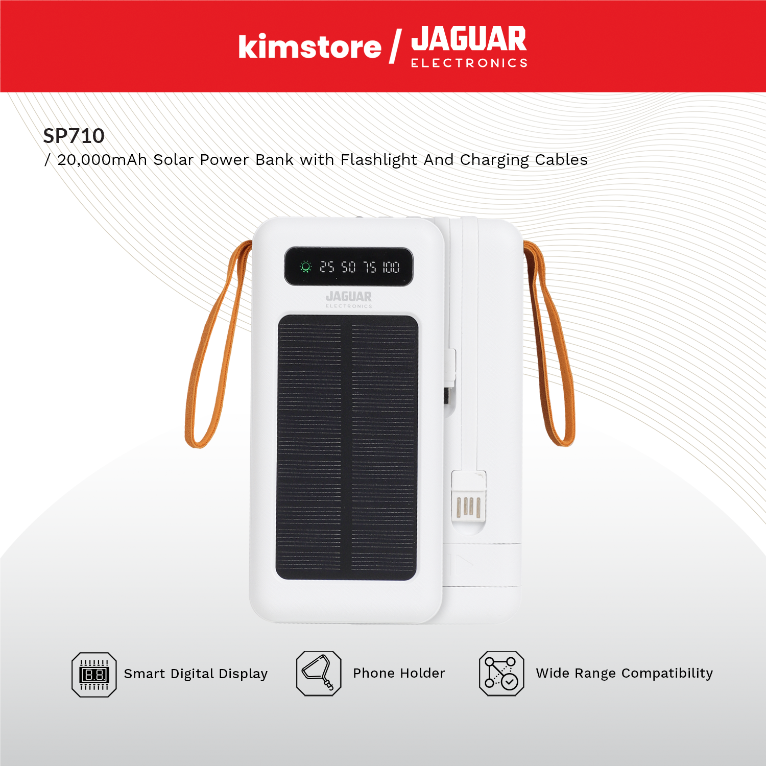 jaguar electronics sp710 20000mah solar power bank with flashlight and charging cables white
