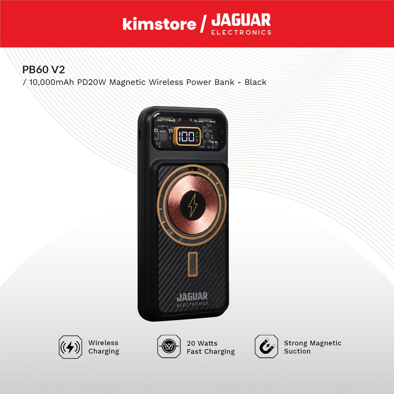 jaguar electronics pb60 10000mah 22.5w fast charging magnetic wireless power bank black