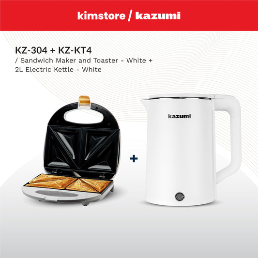 BUNDLE: Kazumi KZ-304 Sandwich Maker and Toaster - White  + Kazumi KZ-100 Multi-Functional Electric Steamer 3 Layers 350W / Kazumi KZ-KT4 2L Electric Kettle - White