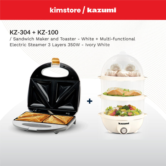 BUNDLE: Kazumi KZ-304 Sandwich Maker and Toaster - White  + Kazumi KZ-100 Multi-Functional Electric Steamer 3 Layers 350W / Kazumi KZ-KT4 2L Electric Kettle - White