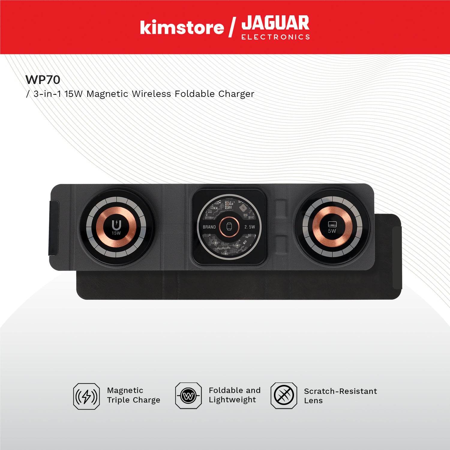 jaguar electronics wp70 3 in 1 15w magnetic wireless foldable charger black