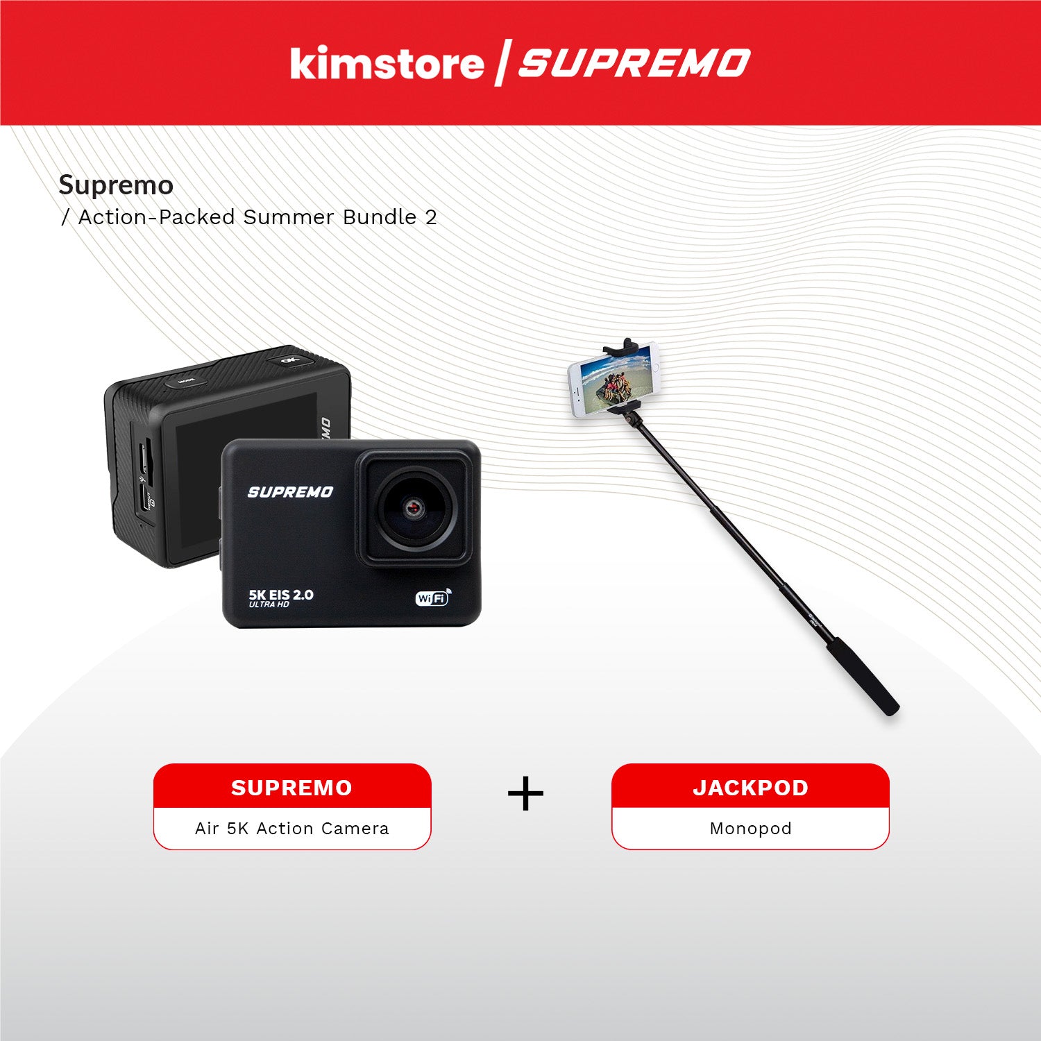 [bundle] supremo air 5k action camera  black + jackpod monopod black