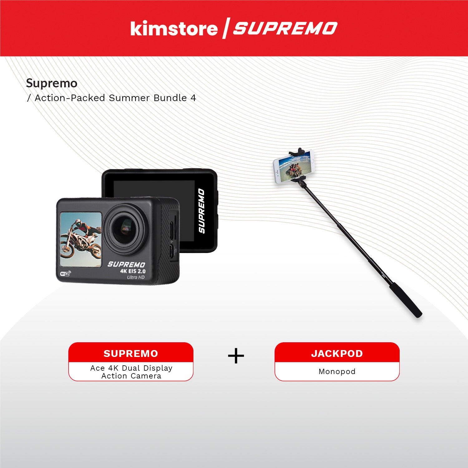 [bundle] supremo ace 4k dual display waterproof action camera   black + jackpod monopod black
