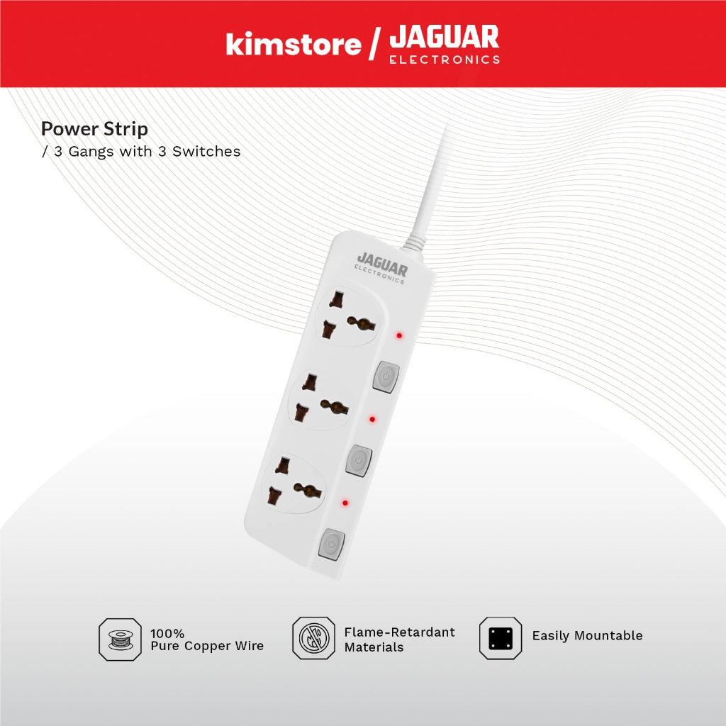 [Open Box] [C] Jaguar Electronics PS-33GS Power Strip 3-Gang with 3 Switches