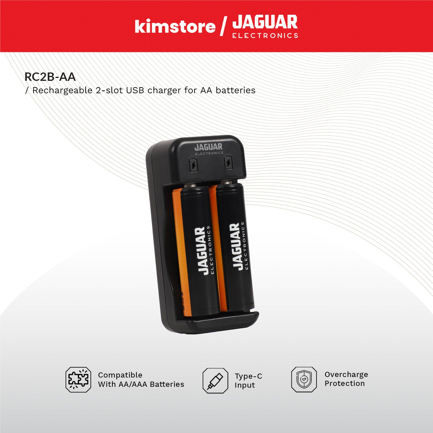 Jaguar Electronics RC2B Rechargeable 2-Slot USB-C Charger for AA Batteries - Black