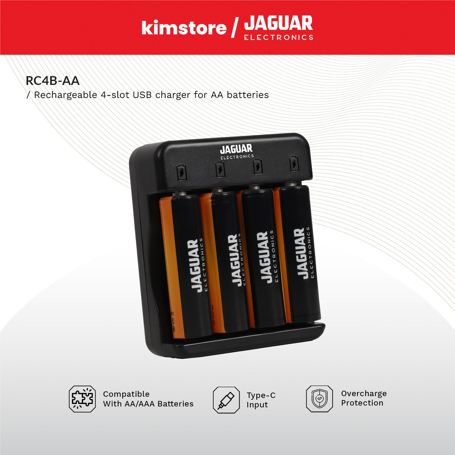 jaguar electronics rc4b rechargeable 4 slot usb c charger for aa batteries black