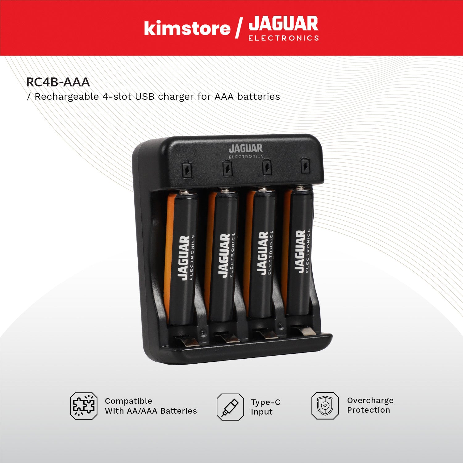 jaguar electronics rc4b rechargeable 4 slot usb c charger for aaa batteries black