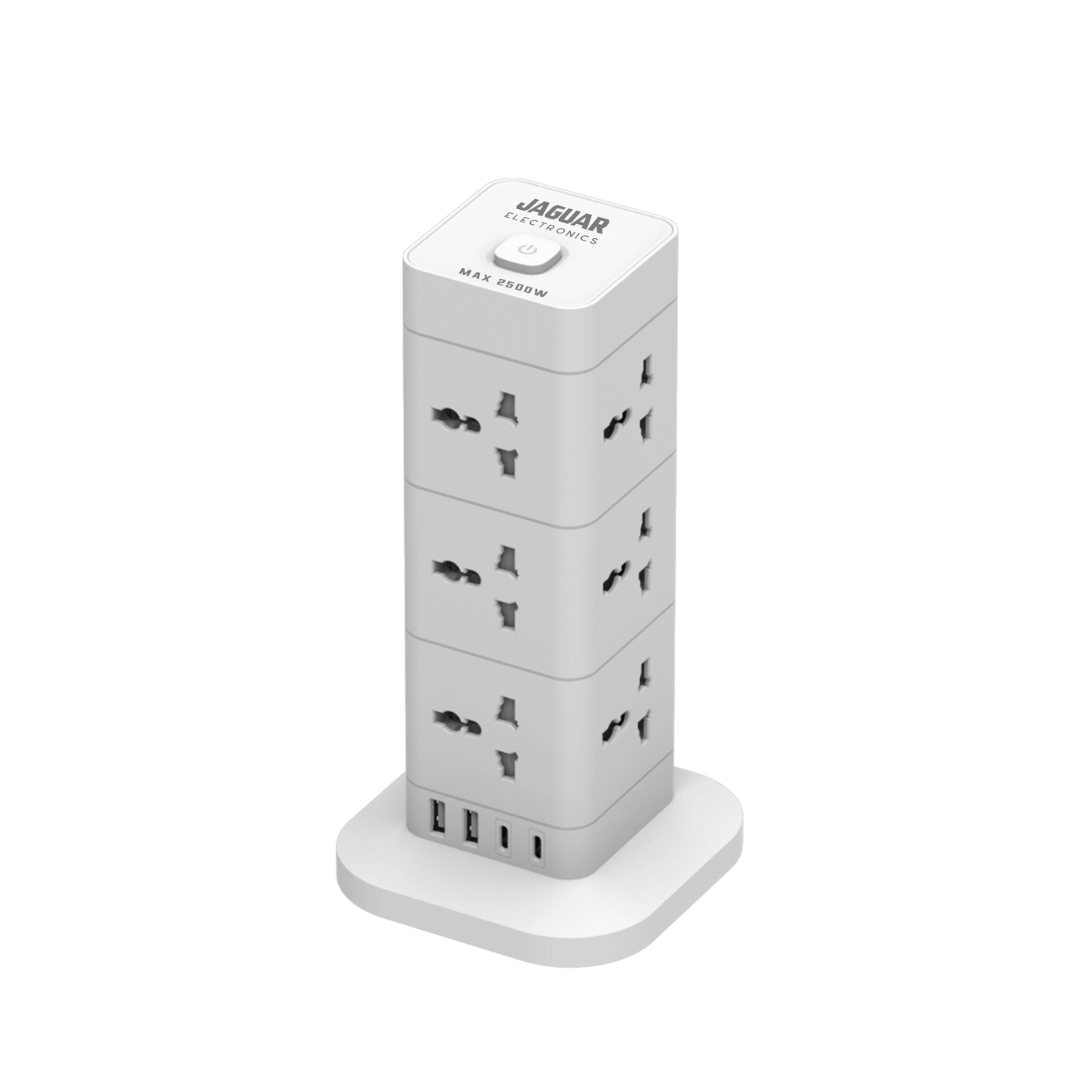jaguar electronics te 412gca tower extension cord 4 gang with 1 usb c and 2 usb a ports   white