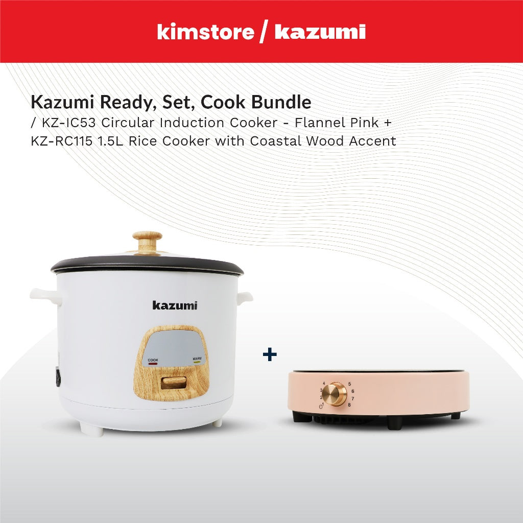 BUNDLE: Kazumi KZ-IC53 Circular Induction Cooker (Flannel Pink) + Kazumi KZ-RC115 1.5L Rice Cooker with Coastal Wood Accent (Stone White)