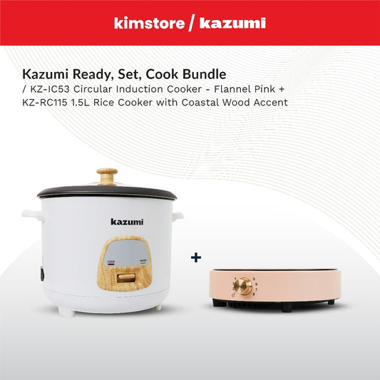 BUNDLE: Kazumi KZ-IC53 Circular Induction Cooker (Flannel Pink) + Kazumi KZ-RC115 1.5L Rice Cooker with Coastal Wood Accent (Stone White)