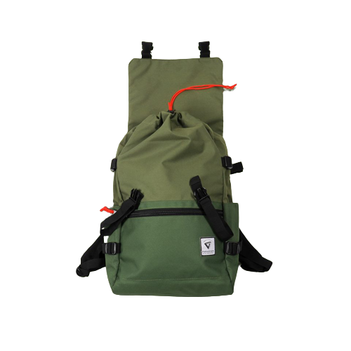 A green backpack with red accents and black straps, featuring multiple compartments and a visible brand logo.