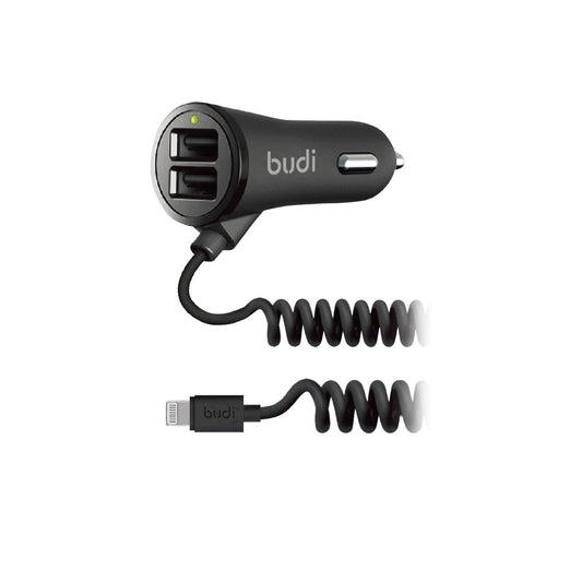 BUDI 068L Lightning Coiled Car Charger 2 USB Ports