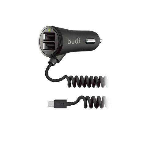 BUDI 068M Micro Coiled Car Charger 2 USB Ports