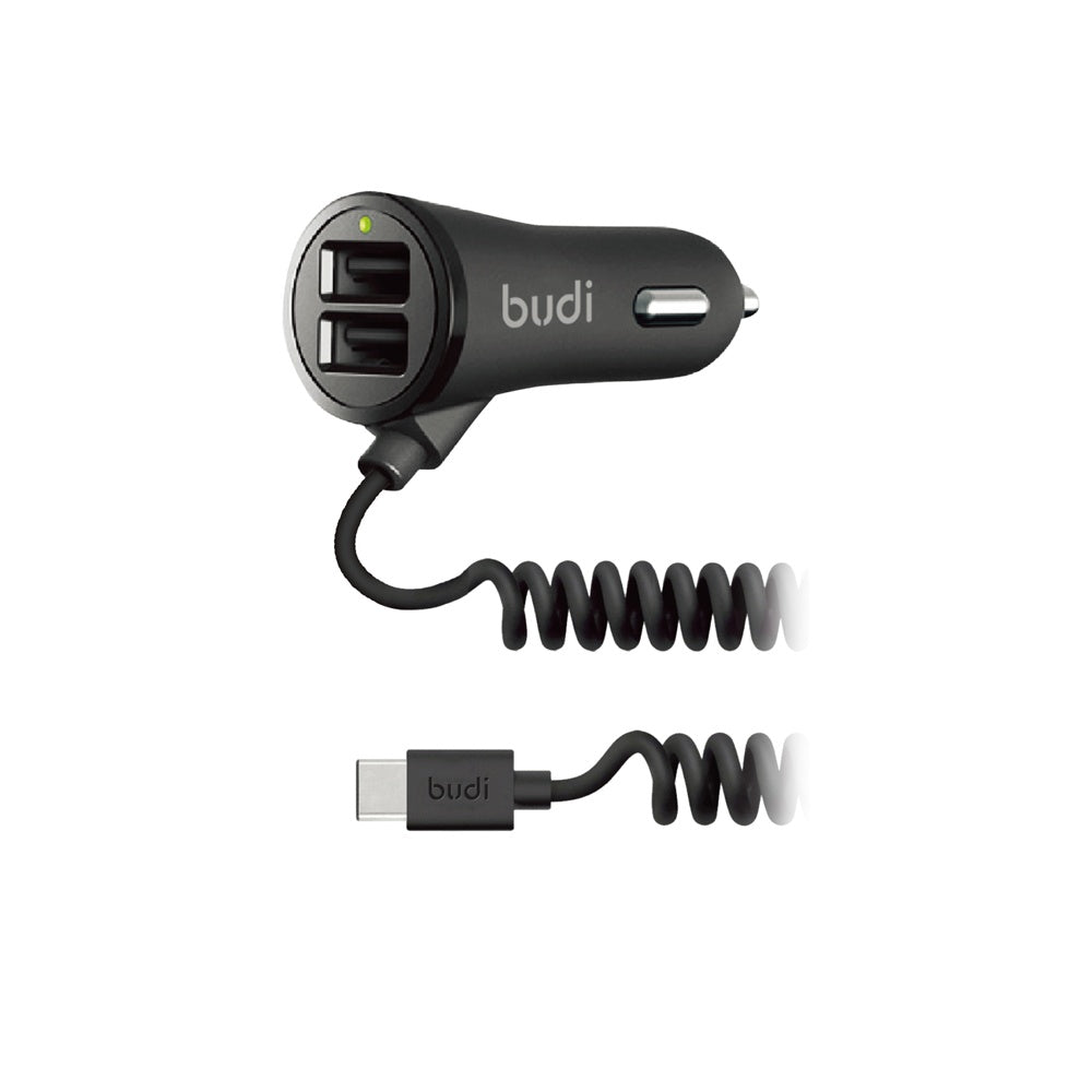 BUDI 068T USB-C Coiled Car Charger 2 USB Ports