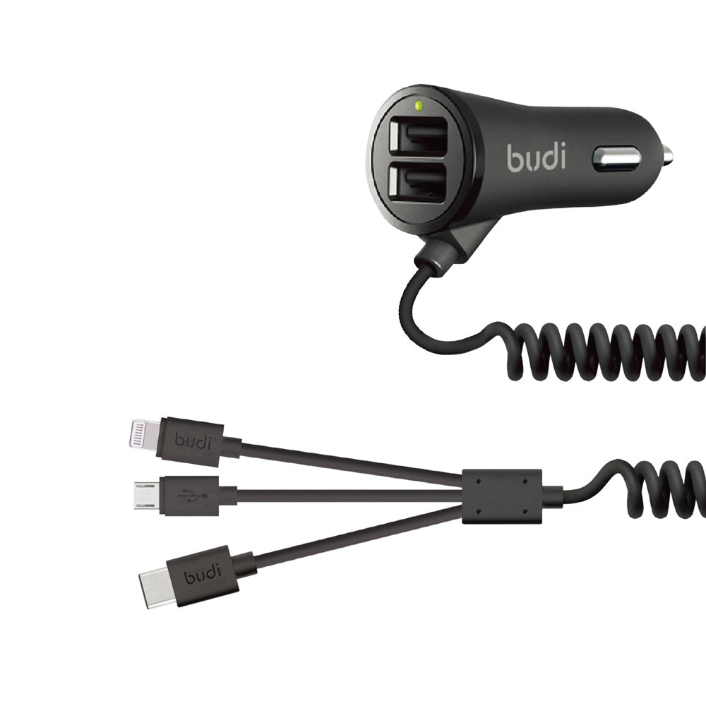 BUDI 068T3 3in1 Coiled Car Charger