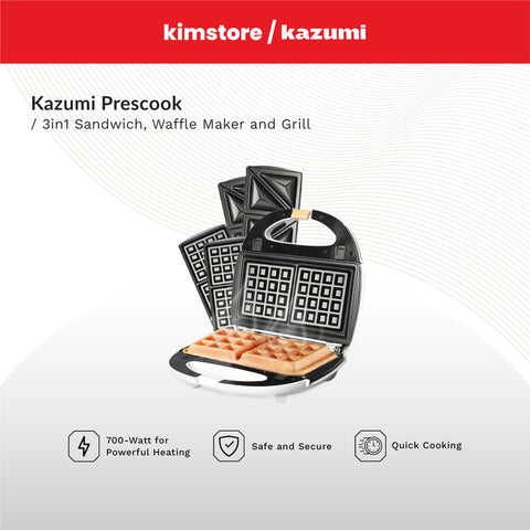 KAZUMI Prescook 3-in-1 Sandwich, Waffle Maker and Grill