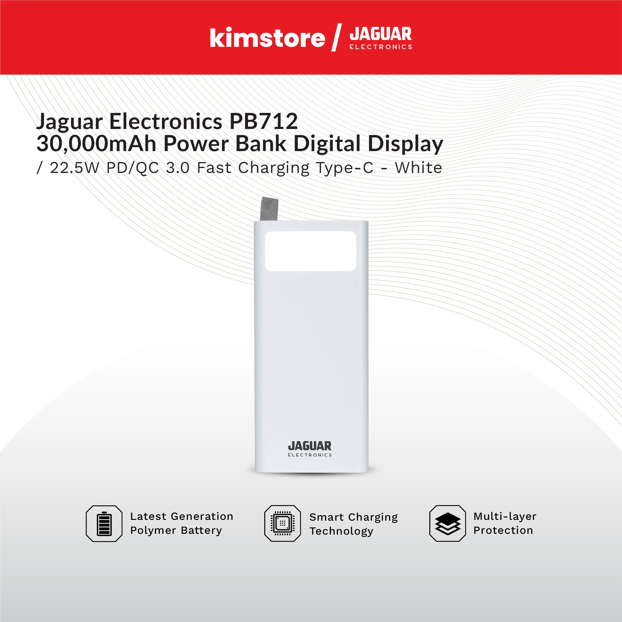 Jaguar Electronics PB712 30000mAh Power Bank Digital Display 22.5W PD/QC 3.0 Fast Charging Type-C