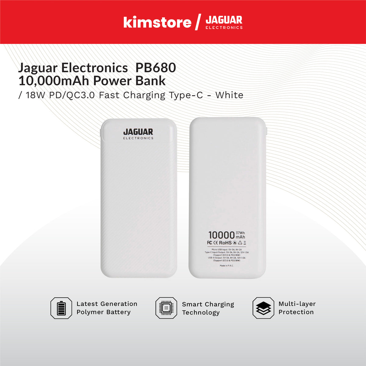 Jaguar Electronics PB680 10000mAh Power Bank 18W PD/QC 3.0 Fast Charging Type-C
